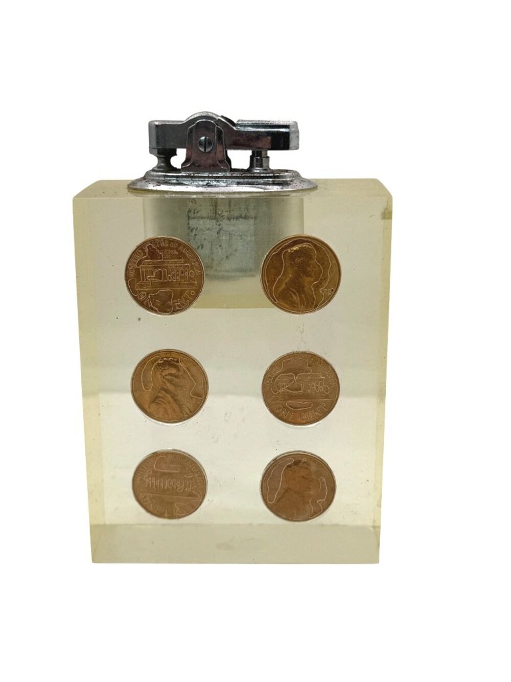 Vintage Lucite Table Lighter Embedded Lincoln Pennies 1972 Design Penny Large 4"